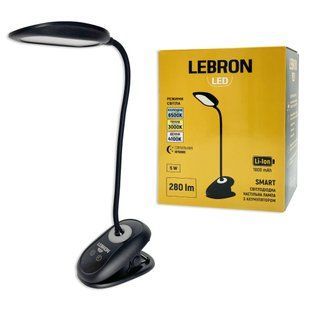 Купити Настільна LED лампа з акумулятором LEBRON L-TL-Clip-7506 5W 3000-4100-6500K (Чорна) у Львові, Києві, Дніпрі, Одесі, Харкові
