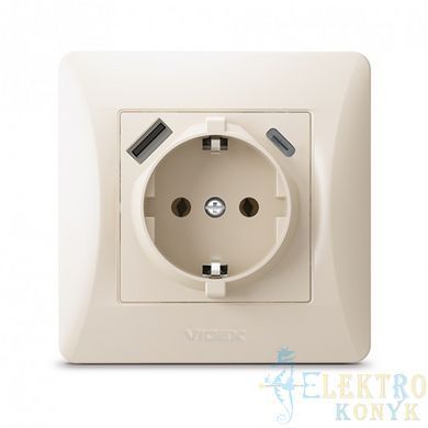 Купить Розетка одинарная с заземлением и USB+Type-C VIDEX BINERA (Кремовый) во Львове, Киеве, Днепре, Одессе, Харькове