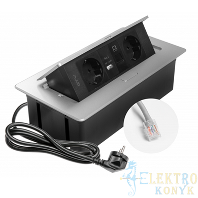 Купити Розетка в стільницю GTV MULTISOFT на 2 розетки, USB A+C, RJ45 кабель 1.5 м (Алюміній) у Львові, Києві, Дніпрі, Одесі, Харкові
