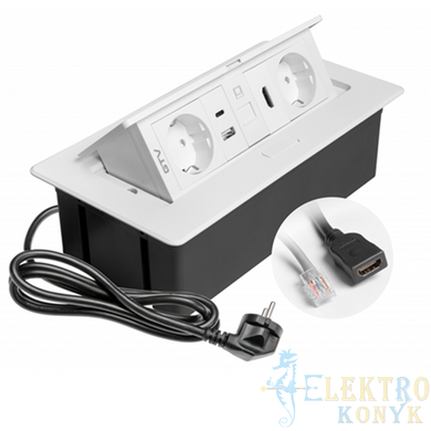 Купить Розетка в столешницу выдвижная GTV MULTISOFT на 2 розетки, USB A+C, RJ45, HDMI кабель 1.5 м (Белая) во Львове, Киеве, Днепре, Одессе, Харькове