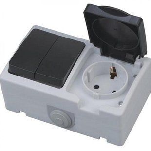Купити Розетка накладна з заземленням з кришкою 16А + вимикач 2 клавішний Horoz Electric ATOM IP54 (Сіра) у Львові, Києві, Дніпрі, Одесі, Харкові