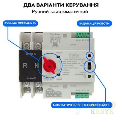 Купить Автоматический переключатель ввода резерва EARU A-CG-100 100A 2P (АВР) 1-фаза во Львове, Киеве, Днепре, Одессе, Харькове